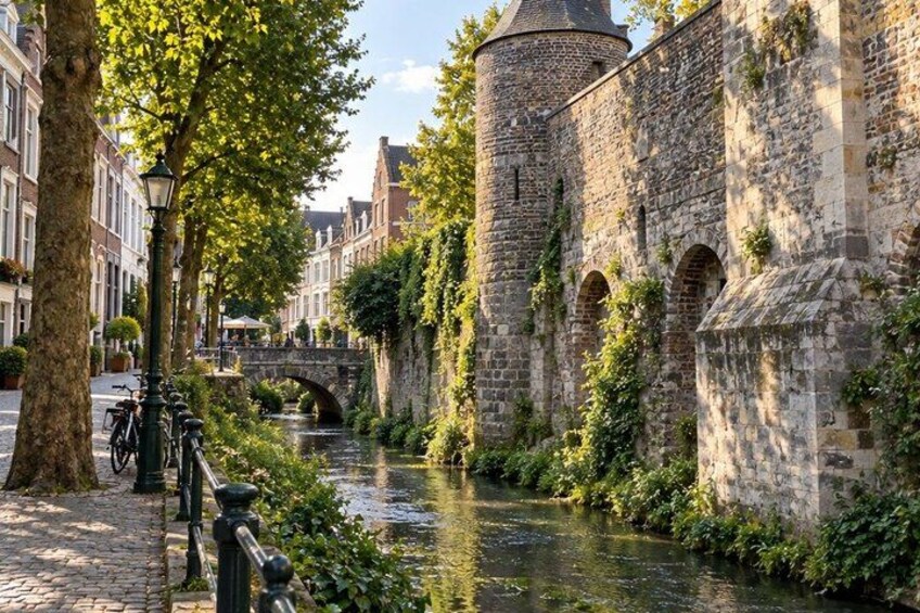 A canal with a stone bridge, buildings, and greenery along the path. 4