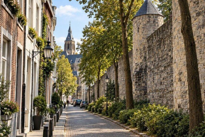 A cobblestone street lined with trees and historic buildings, a church spire in the distance, and a stone tower. 3