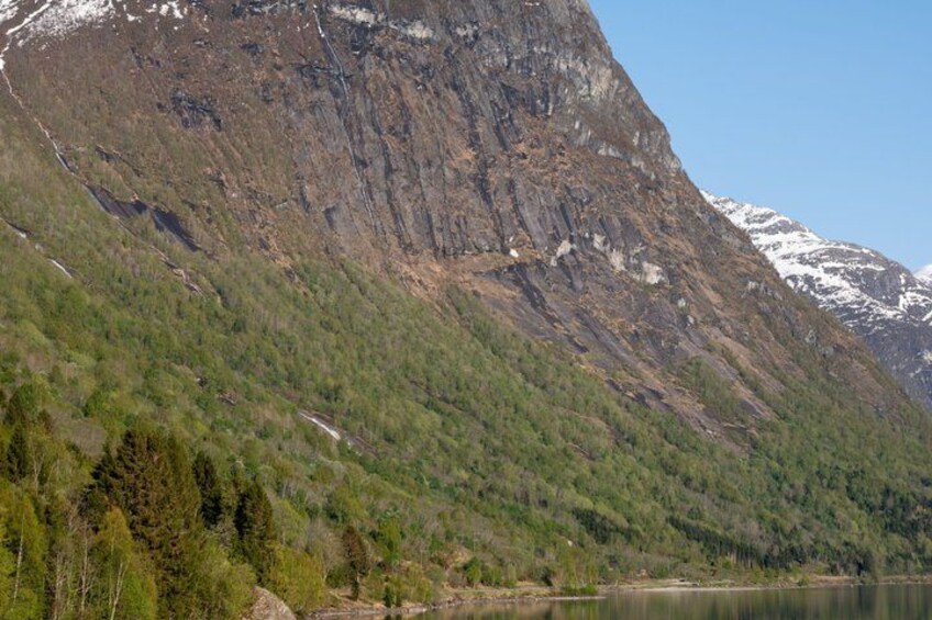A mountainous landscape with a lake, dense forest, and snow-capped peaks. 3