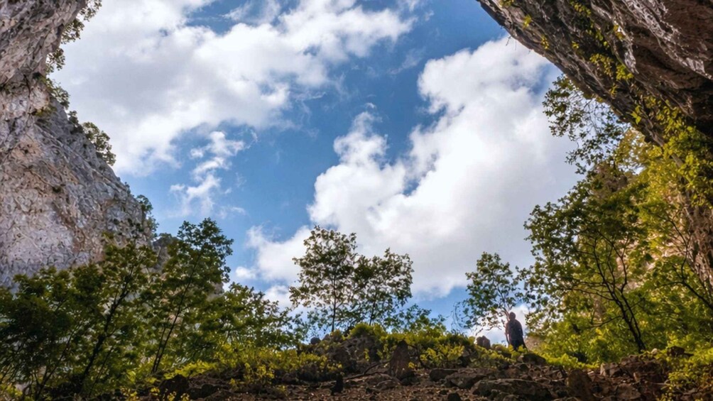 A natural landscape with a clear sky, a rocky cliff, and a person standing on a rock. 4