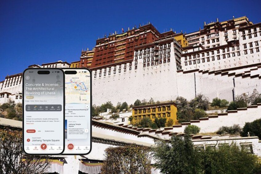 A historic building with intricate architecture, a clear blue sky, and a mobile device displaying information about the location. 1