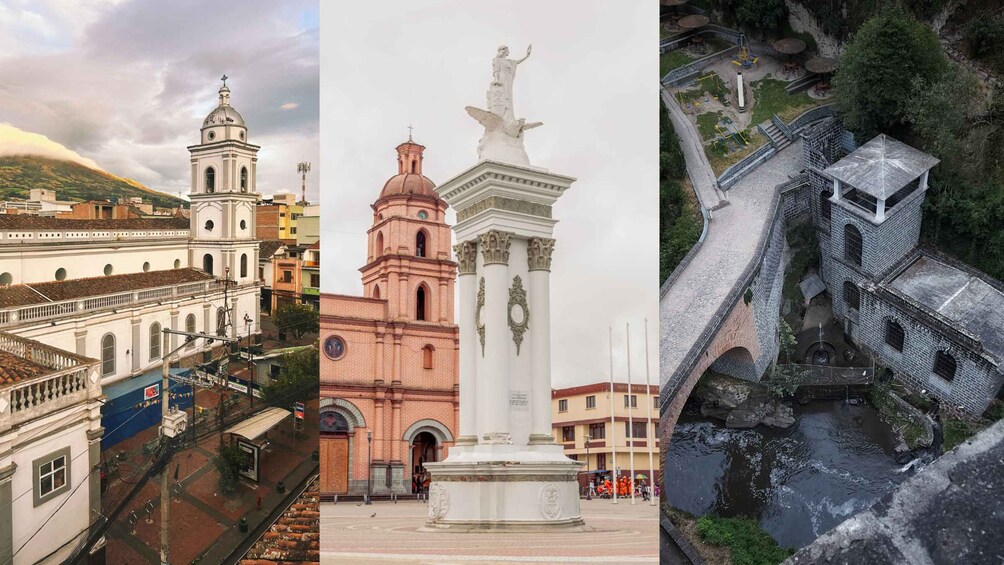 Une église blanche avec un clocher, une église rose avec un dôme, et un pont de pierre enjambant une rivière. 1