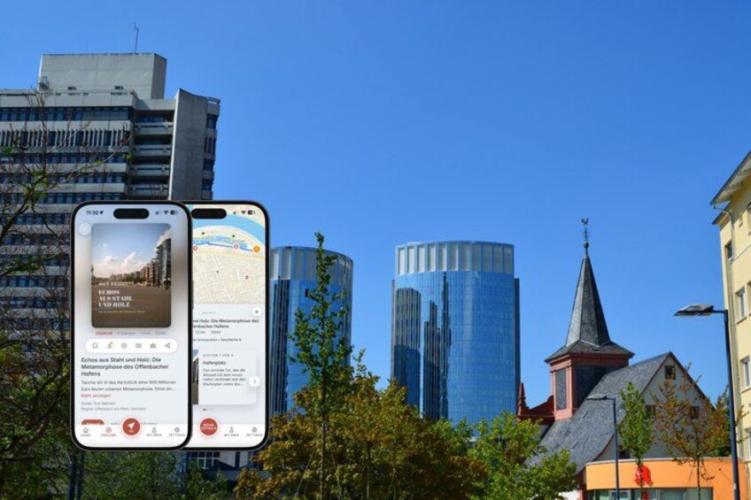 A cityscape with modern buildings, a church steeple, and a smartphone displaying a map. 1