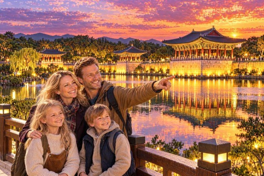 A family at a lakeside pavilion with traditional architecture and a sunset reflection. 1