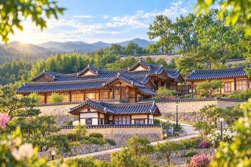 Traditional Korean architecture with wooden buildings and tiled roofs, surrounded by lush greenery and mountains. 4