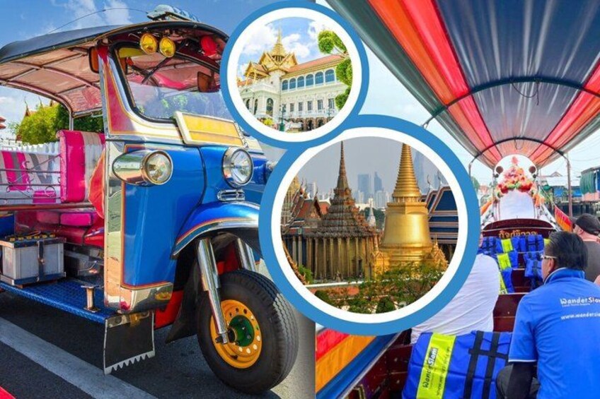 A colorful truck with a covered cargo area, a golden temple, and a traditional Thai decoration. 1