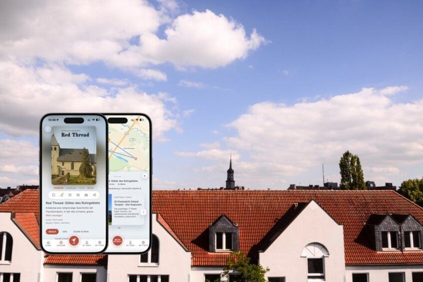 A smartphone displaying a map with a location marked 'Red Thread' and a building with a red-tiled roof in the background. 1