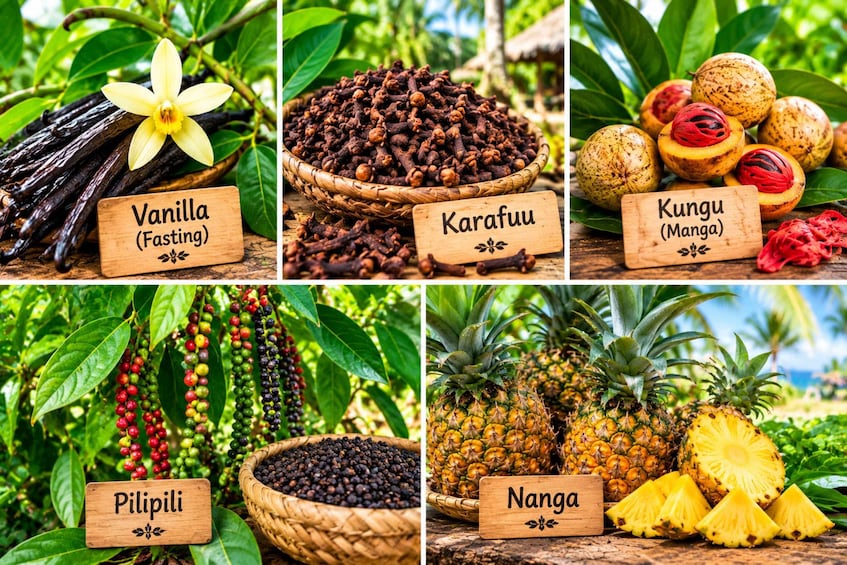 Vanilla flowers, karafu seeds, kungu fruits, pipili berries, and nanga pineapples. 1