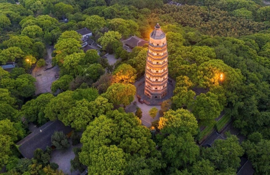 A pagoda surrounded by dense green trees. 1
