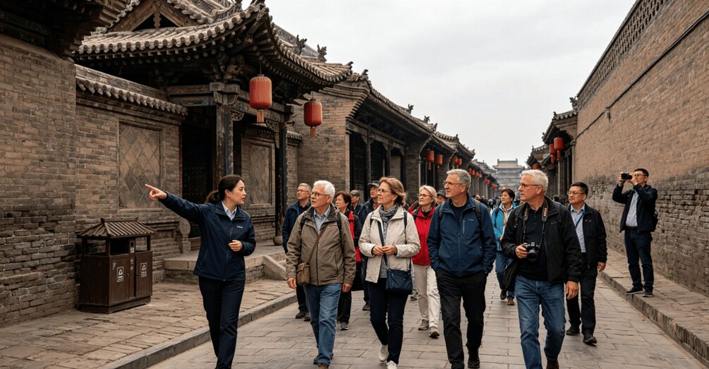 Un groupe de personnes se promène dans une rue historique bordée de bâtiments à l’architecture traditionnelle. 3