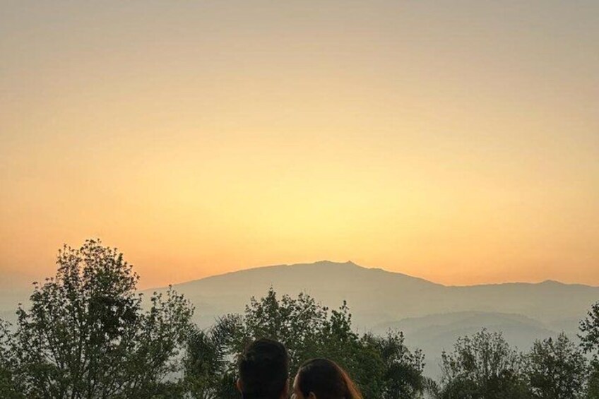 A sunset over a mountain range with silhouetted trees in the foreground. 2