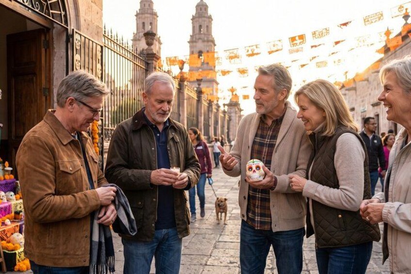 A group of people standing on a street with a dog, holding a skull-shaped object, and a market stall with colorful items. 5