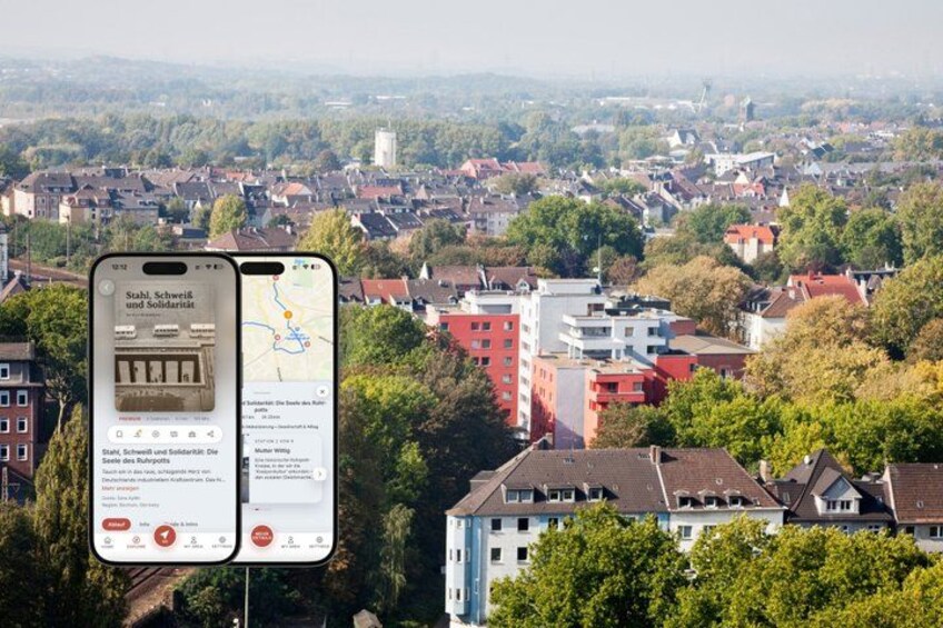 A smartphone displaying a map with a location marker over a cityscape. 1