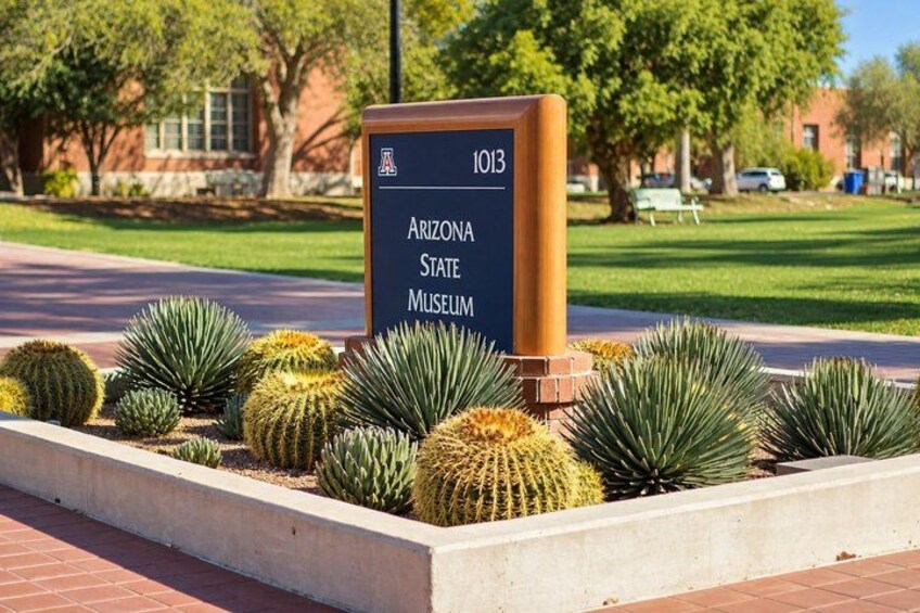 A sign for the Arizona State Museum with a cactus garden in the foreground. 5