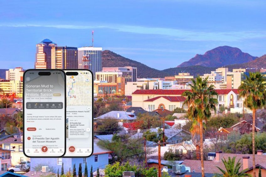 A cityscape with a smartphone displaying a map and a museum. 1