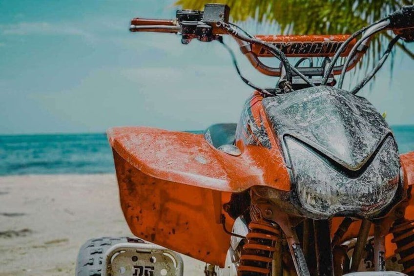 A dirt bike parked on a beach with the ocean in the background. 1