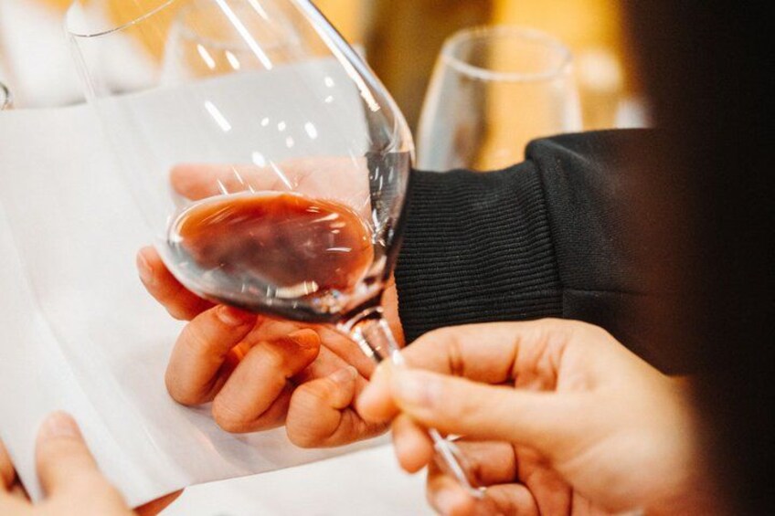 A person holding a wine glass with a red liquid, likely wine, and a white napkin. 4
