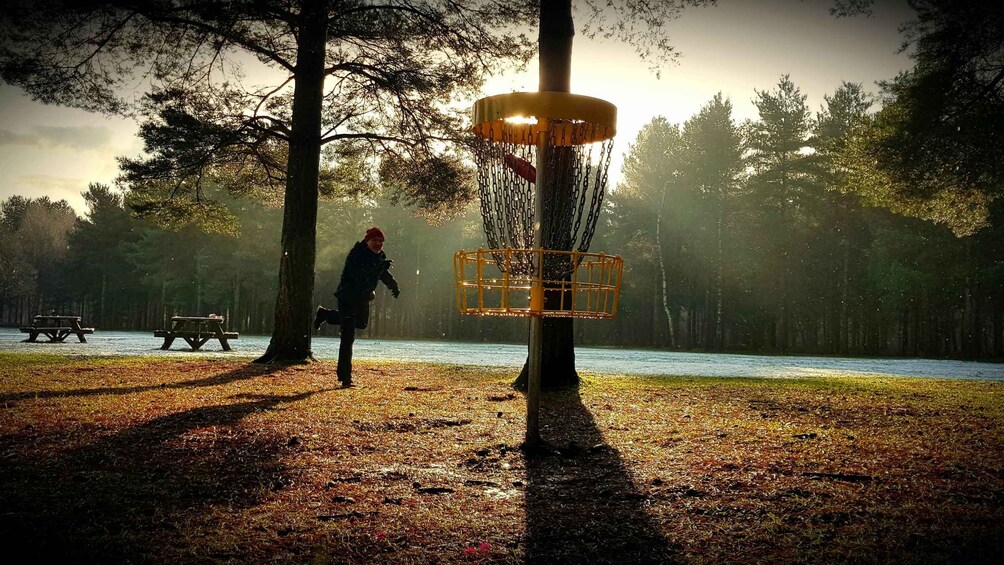 A person playing disc golf near a lake with trees in the background. 3