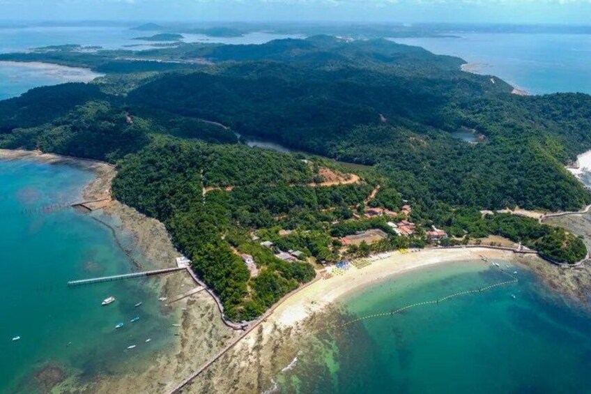 An aerial view of a coastal area with a beach, a pier, and dense forested hills. 1