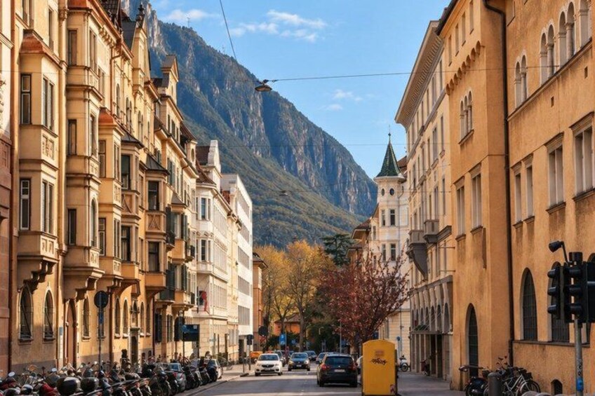 A street lined with historic buildings, a mountain in the background, and parked bicycles. 5