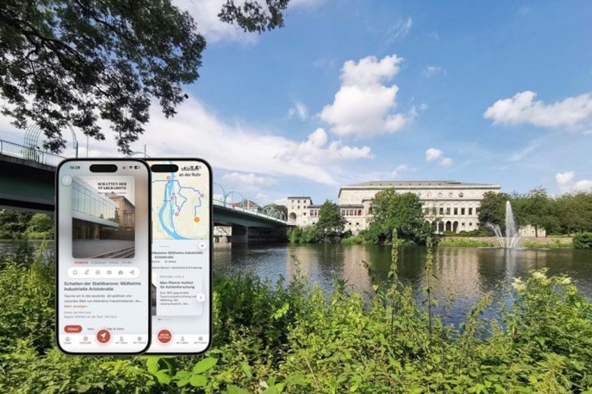 A smartphone displaying a map and information about a building near a river. 1
