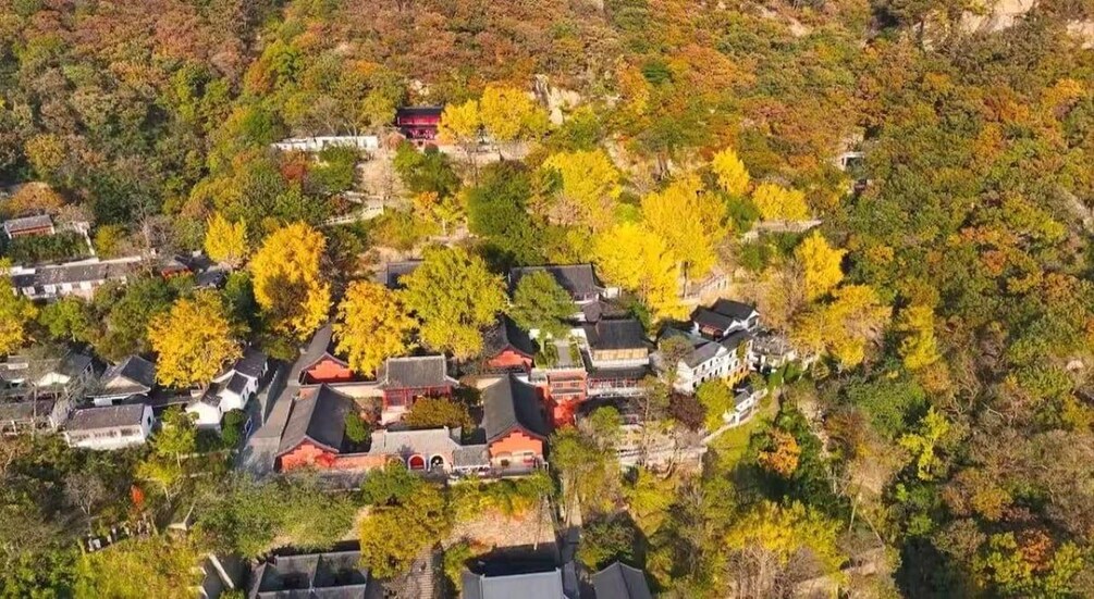 An aerial view of a traditional village with houses and trees. 1