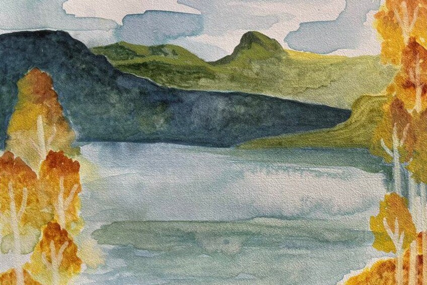 A watercolor landscape with mountains, a lake, and autumn foliage. 5