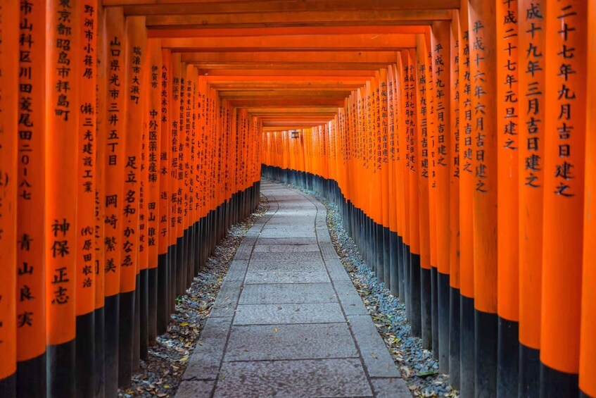 Un pasillo flanqueado por pilares naranjas con caracteres japoneses. 4