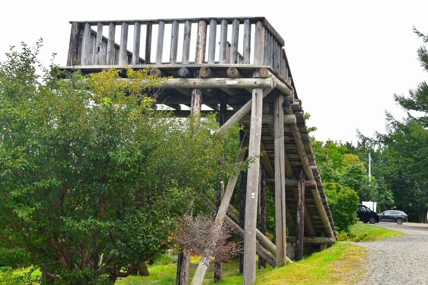 A wooden observation tower with a staircase leading up to a platform. 5