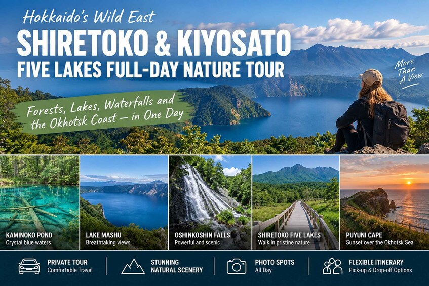 A travel brochure for a nature tour in Shiretoko and Kiyosato, featuring five lakes, waterfalls, and the Okhotsk Coast. 1