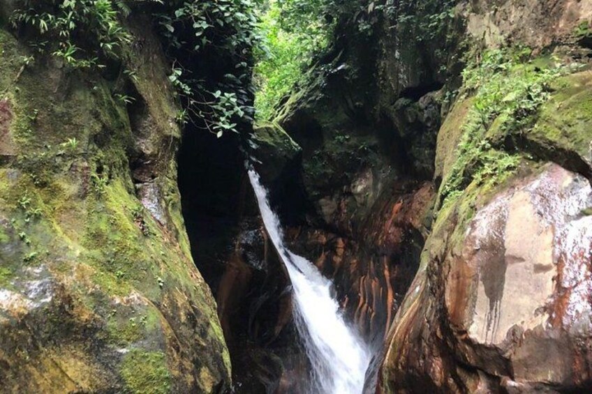 A waterfall flowing through a rocky gorge with moss-covered rocks and dense foliage. 1