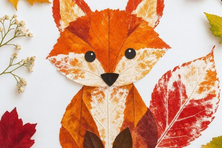 A fox made of leaves, surrounded by autumn leaves. 1