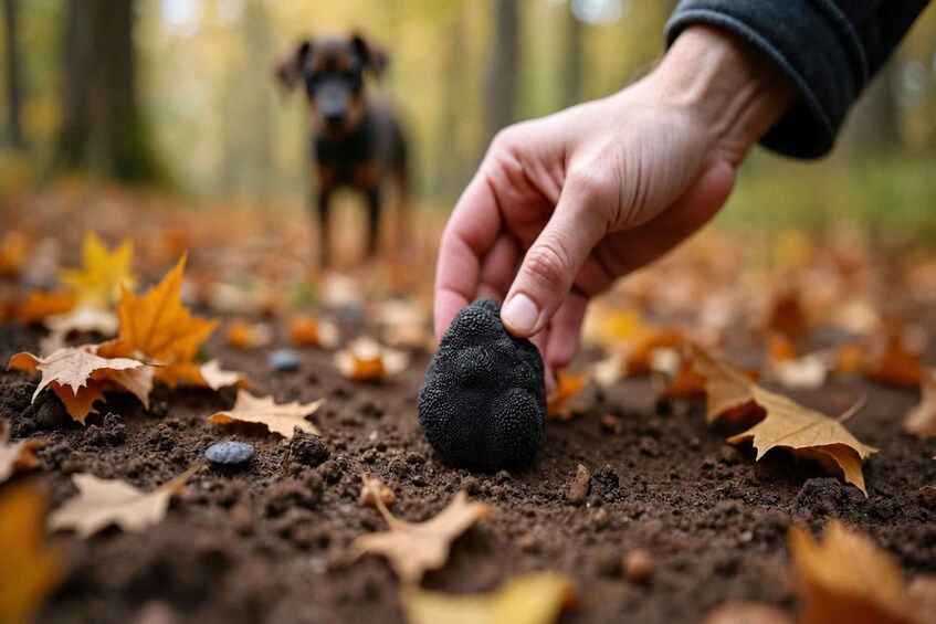 A hand holding a black object over a forest floor covered with fallen leaves. 1
