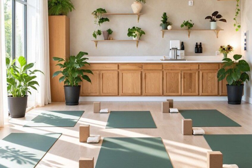 A room with wooden cabinets, potted plants, and a green exercise mat. 3