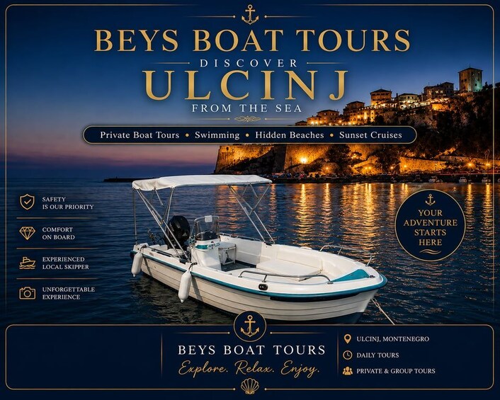 Eine Broschüre für Beys Boat Tours in Ulcinj, zeigt ein Boot auf ruhigem Wasser mit einer Stadtlandschaft im Hintergrund. 5