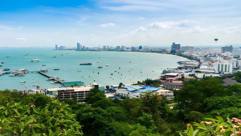 Un paysage urbain côtier avec un port de plaisance, des bâtiments et de la végétation. 1