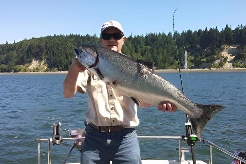 A person holding a large fish on a boat with a forested shoreline in the background. 1