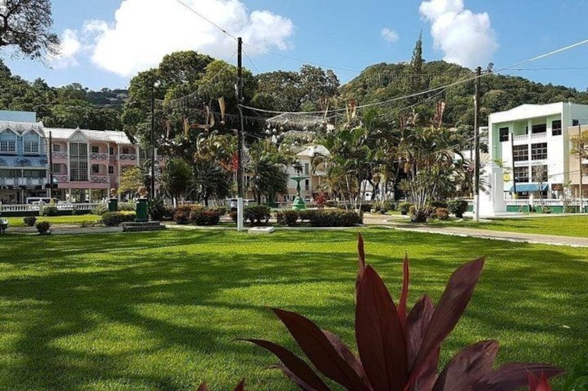 A grassy area with buildings and trees in the background. 3