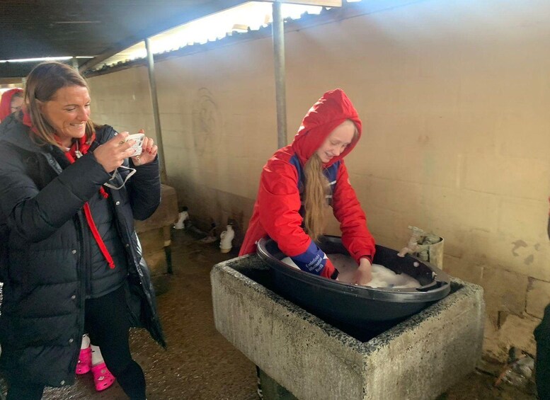 Zwei Personen, eine in einer roten Jacke, waschen Kleidung in einem Becken. 4