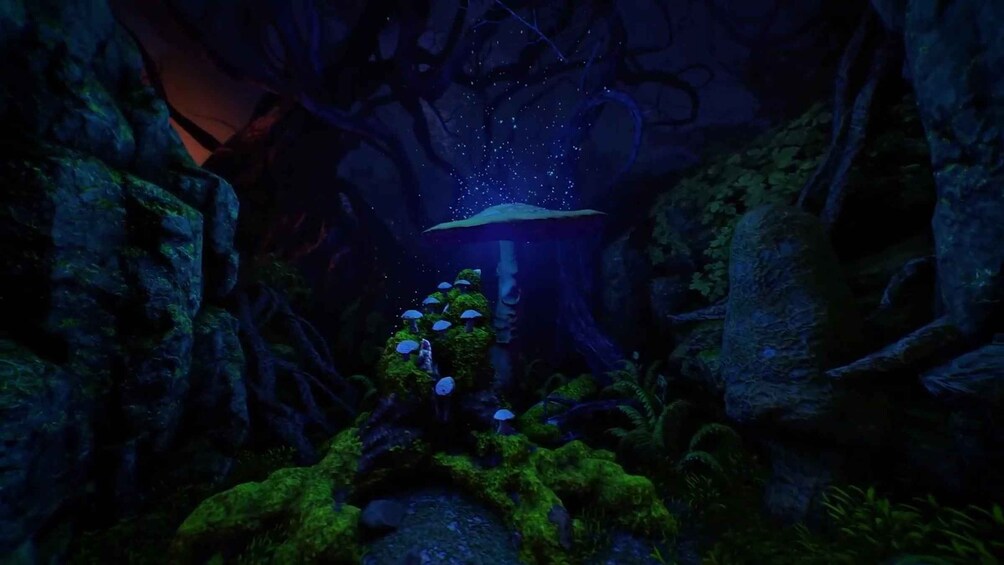 A cave with a glowing mushroom and starry sky. 2