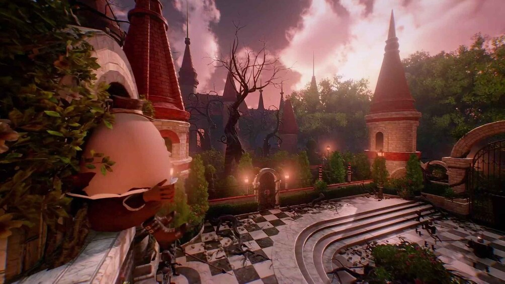 A castle courtyard with a checkered floor, a large vase, and a tree with bare branches. 4