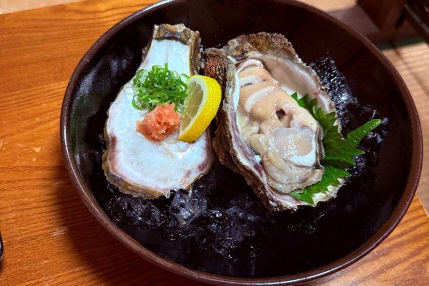 A dish of oysters on the half shell with lemon and green onions. 2