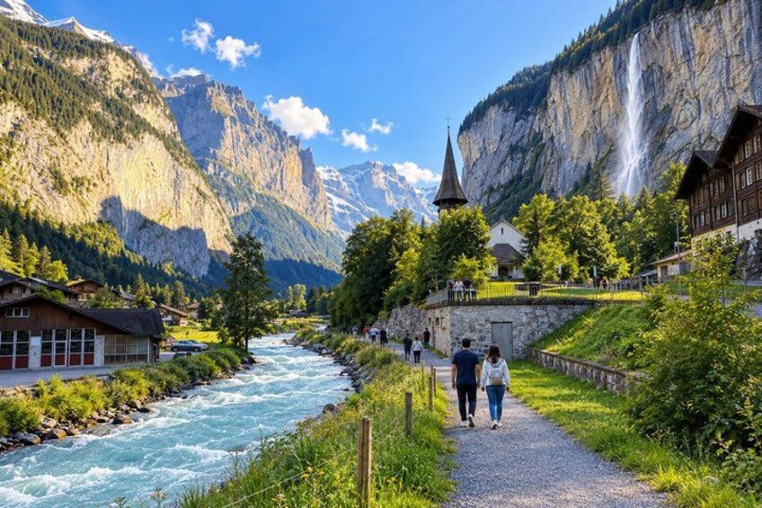 A river flowing through a valley with mountains in the background, a wooden house, and a church. 2