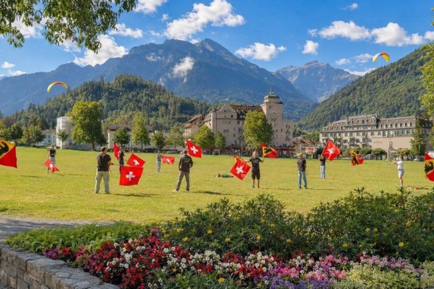 A group of people flying kites in a field with mountains in the background. 4