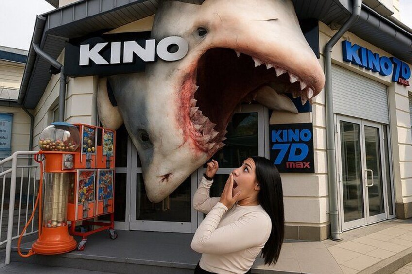 A cinema with a shark head sculpture above the entrance. 1