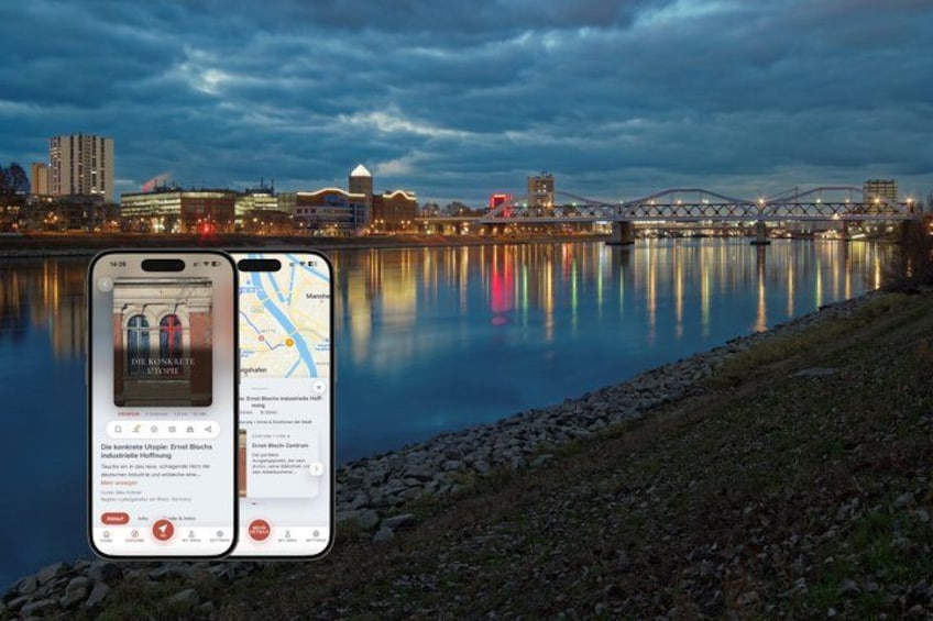 A smartphone displaying a map with a city skyline and a bridge in the background. 1