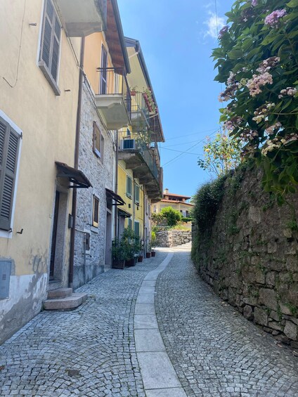 Una calle adoquinada en un pueblo histórico, con edificios a ambos lados, algunos con balcones y plantas en macetas. 2