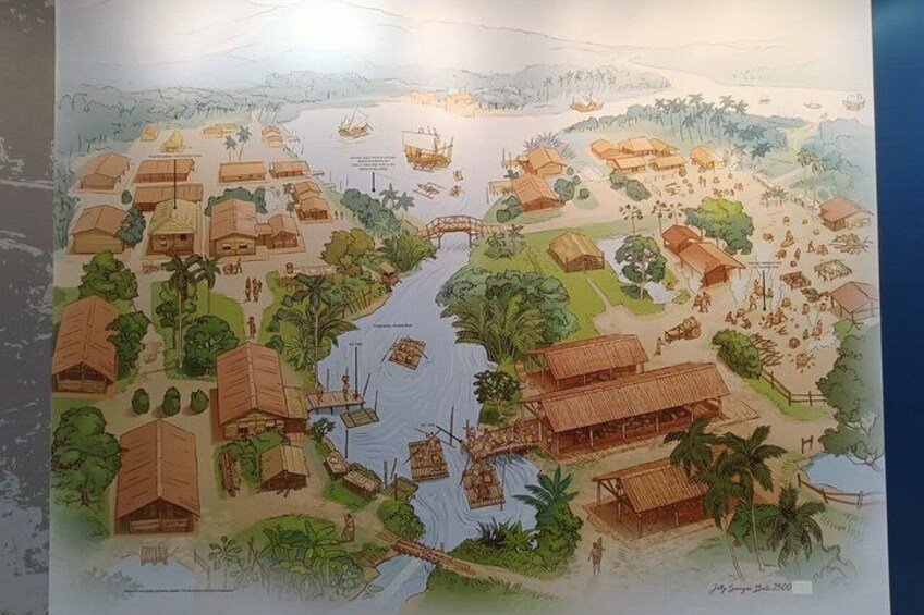 A coastal village with traditional houses, boats, and palm trees. 2