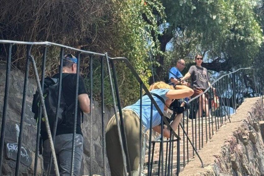 People climbing a stone staircase with metal railings, surrounded by trees and vegetation. 3