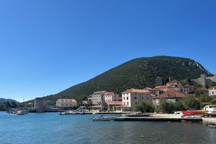 A coastal town with buildings, a hill, and boats on the water. 3